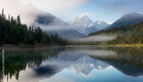 a misty mountain landscape reflects serenely in the still waters of a lake