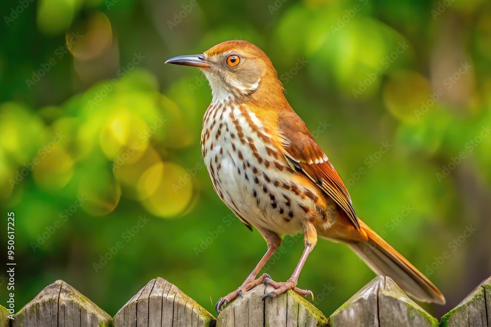 A vibrant brown thrasher perches on a rustic wooden fence, its distinctive white eye ring and colorful brown plumage standing out against a serene natural backdrop. A vibrant brown thrasher perches on a rustic wooden fence, its distinctive white eye ring and colorful brown plumage standing out against a serene natural backdrop.