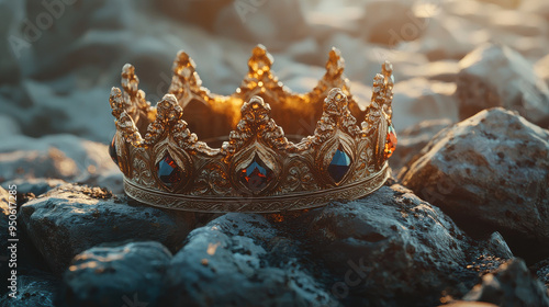 A dazzling crown adorned with large rubies and intricate goldwork rests among stones, bathed in soft natural light, representing royal grandeur and beauty. photo