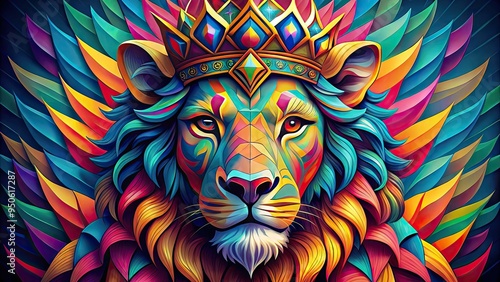 A vibrant, colorful illustration of a stylized lion's head with a regal crown, incorporating geometric shapes and bold lines, symbolizing strength and royalty. photo