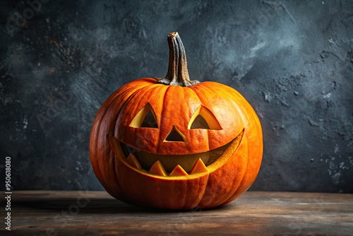 A vibrant orange pumpkin with a playful, hand-drawn facial expression, featuring triangular eyes and a toothy grin, set against a dark background with subtle texture. photo