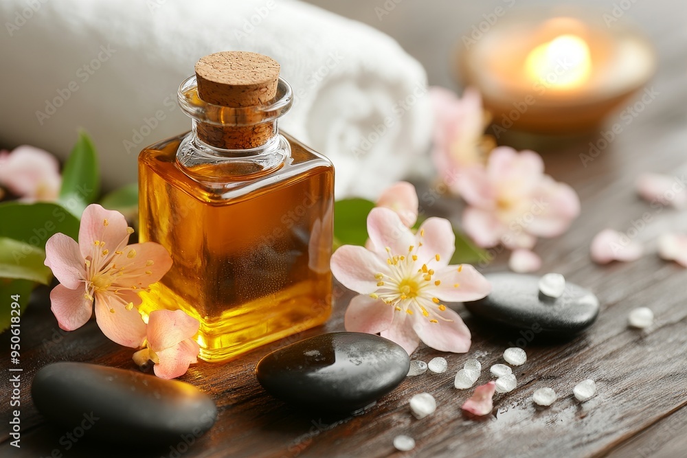 A tranquil spa setup with essential oil, stones, and flowers for relaxation in a calming environment A tranquil spa setup with essential oil, stones, and flowers for relaxation in a calming environment