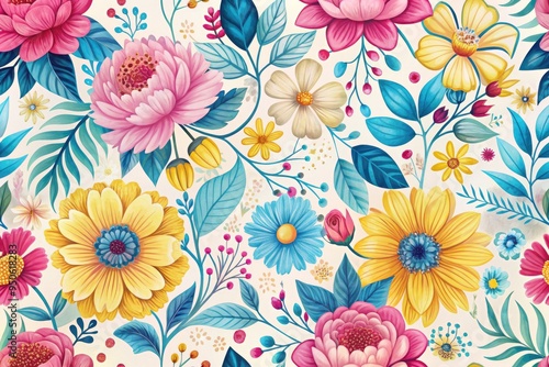 Wallpaper Mural A vibrant, stylized floral pattern featuring blooming flowers in shades of pink, yellow, and blue, set against a soft white background with subtle texture. Torontodigital.ca