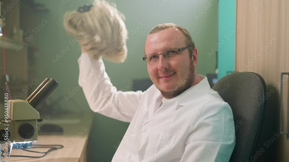 A close-up view of a playful technician in a white lab coat and blonde wig, scratching his head with a black-gloved hand while smiling at the camera A close-up view of a playful technician in a white lab coat and blonde wig, scratching his head with a black-gloved hand while smiling at the camera