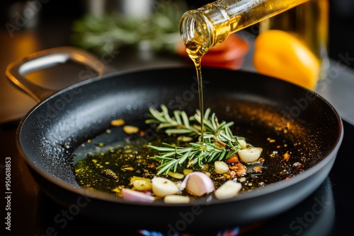 Fototapeta Naklejka Na Ścianę i Meble -  Olive oil poured into a skillet with fresh rosemary and garlic in a cozy kitchen setting during evening preparations