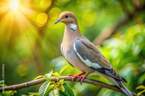 A White-Winged Dove Perched On A Branch With A Blurred Background Of Lush Greenery And Sunlight.