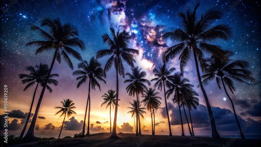 Mysterious silhouette of palm trees against a dark and ominous night sky, illuminated only by a few scattered stars, evoking a sense of foreboding calm. Mysterious silhouette of palm trees against a dark and ominous night sky, illuminated only by a few scattered stars, evoking a sense of foreboding calm.