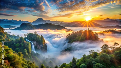 Breathtaking sunrise over majestic mountain range, with misty fog rolling over verdant valleys, surrounded by towering trees and sparkling waterfalls, set against a vibrant blue sky.