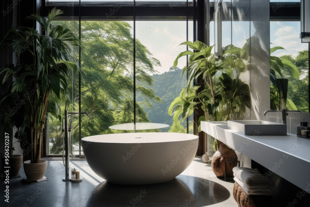 generated illustration of luxury modern design bathroom with bathtub and large window and plants. generated illustration of luxury modern design bathroom with bathtub and large window and plants.