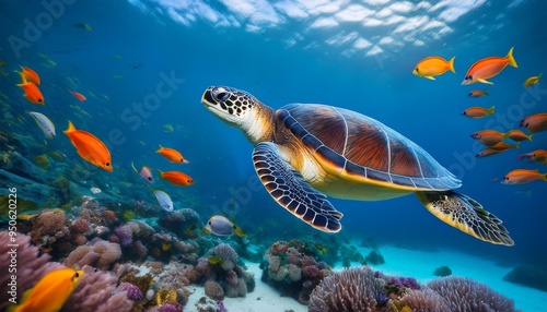 sea turtle surrounded by colorful fish underwater