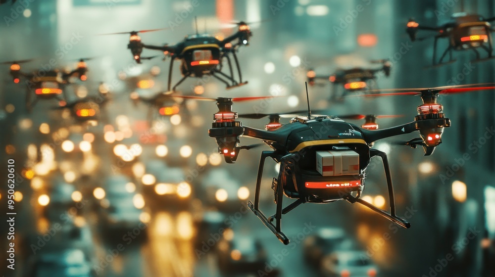 Delivery Drone Flying Over City Traffic at Night Delivery Drone Flying Over City Traffic at Night