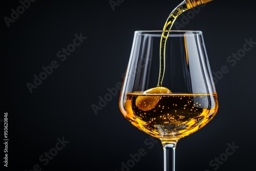 Golden liquid being poured into a glass with an olive on a dark background in a cozy setting