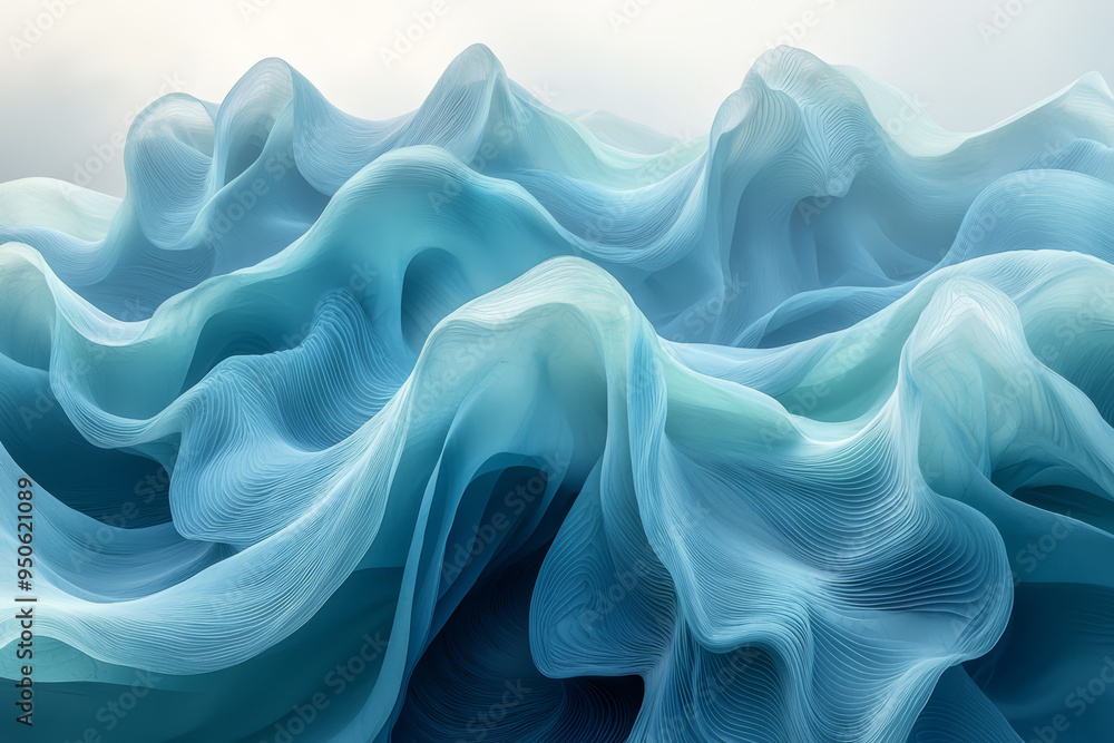 Obraz premium Gentle curves of pastel blue and mint green overlap, evoking the calm of a misty morning. Concept of tranquil beginnings. Generative Ai.