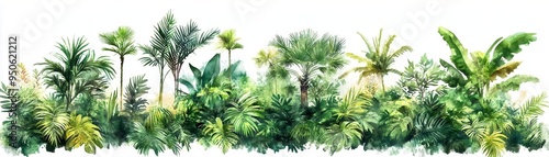 Beautiful tropical rainforest, nature element, watercolor art, rich greens, isolated on white background