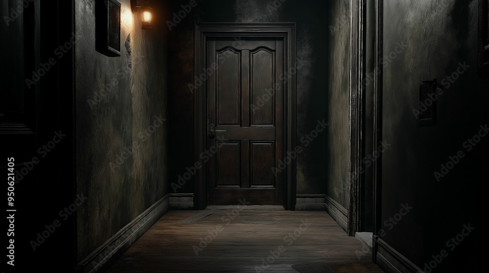 Obraz premium A dark, eerie hallway leading to a closed wooden door under a single dim light, evoking a sense of mystery and suspense..