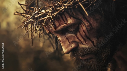 Image of Jesus Christ wearing a crown of thorns, with blood streaming down His face.. photo