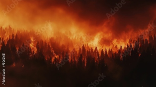 A dramatic image of an intense wildfire engulfing a dense forest at night.