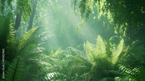 Vibrant green ferns bask in soft sunlight within a dense forest, showcasing the beauty of nature's understory in a serene environment.