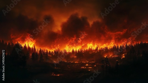 A dramatic image of an intense wildfire engulfing a dense forest at night.