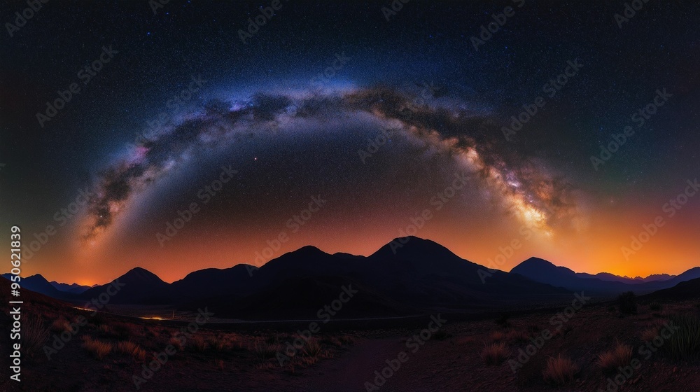 A breathtaking view of the Milky Way stretching across the night sky over a silhouette mountain range. A breathtaking view of the Milky Way stretching across the night sky over a silhouette mountain range.