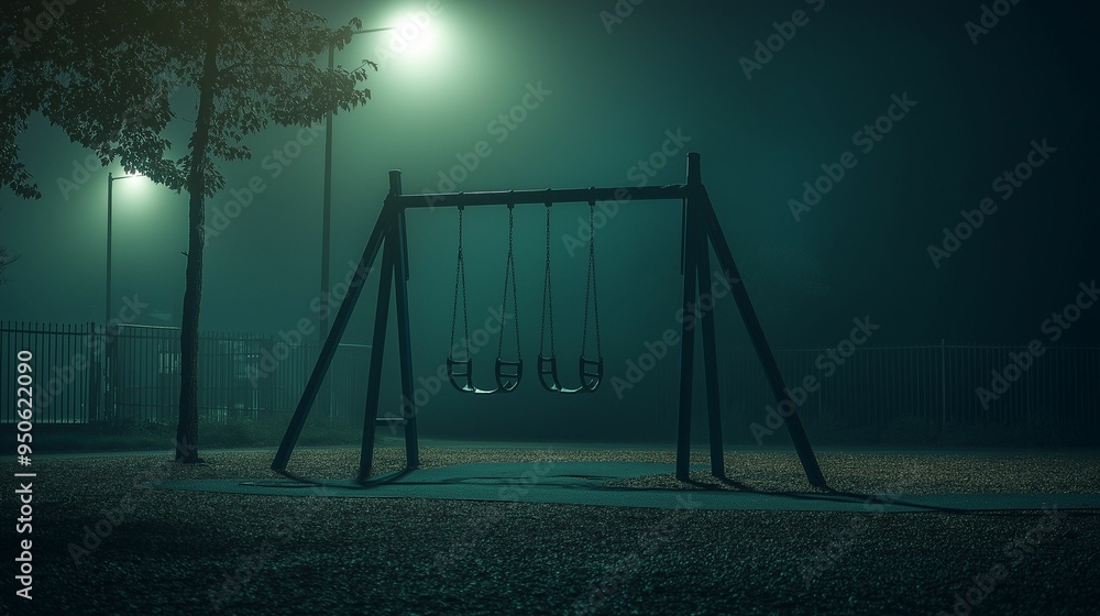 A haunting image of empty swings swaying in a foggy, dimly lit park at night, evoking a sense of loneliness and mystery. A haunting image of empty swings swaying in a foggy, dimly lit park at night, evoking a sense of loneliness and mystery.