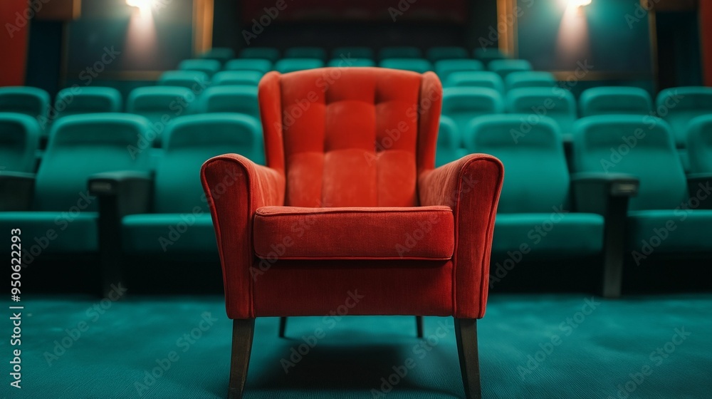 A striking red armchair stands out in an empty theater filled with green seats. A striking red armchair stands out in an empty theater filled with green seats.