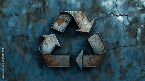 A rusty metal recycle symbol mounted on a textured, weathered blue wall.