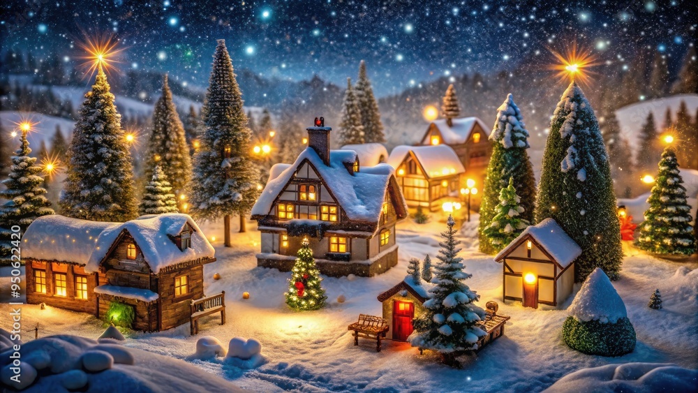 Cozy snow-covered village setup with twinkling lights, festive decorations, and miniature buildings surrounded by snowflakes, evergreen trees, and sparkling icicles on a frosty winter night. Cozy snow-covered village setup with twinkling lights, festive decorations, and miniature buildings surrounded by snowflakes, evergreen trees, and sparkling icicles on a frosty winter night.