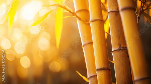 Close-up view of golden bamboo stalks illuminated by warm sunlight beams, showcasing their natural beauty and the serene backdrop they create in the mesmerizing forest environment.