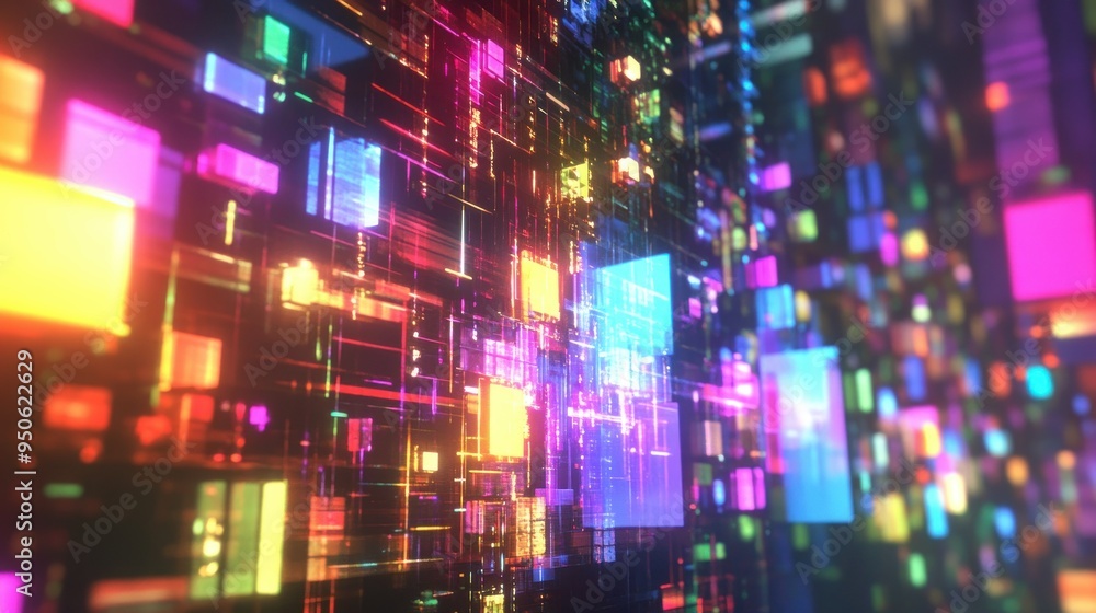 Fototapeta premium Abstract digital landscape with neon colored rectangles and lines