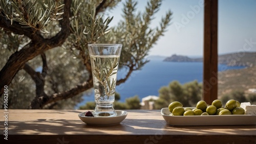 Greek Tsipouro in a Glass with Olive Trees, Feta, and Aegean Sea View