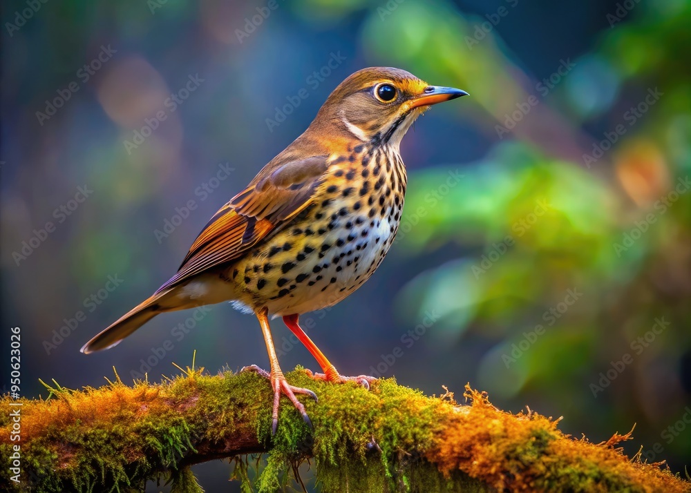 Fototapeta premium Delicate brown thrush perches on mossy forest branch, vibrant orange chest patches glowing iridescent plumage amidst misty twilight atmosphere.