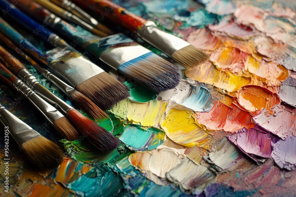 A vibrant array of paint and brushes showcasing the creative process in an artist's studio filled with color and texture A vibrant array of paint and brushes showcasing the creative process in an artist's studio filled with color and texture