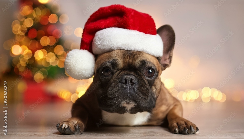 Festive French Bulldog dog wearing a red Santa hat Festive French Bulldog dog wearing a red Santa hat