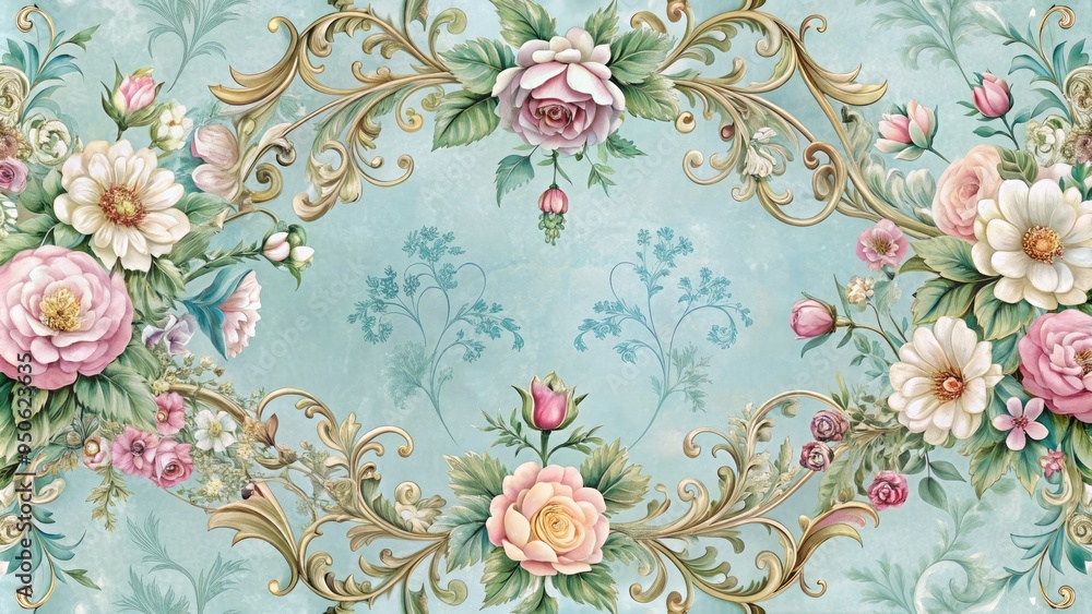 Delicate florals in pastel hues adorn a ornate border, featuring intricate curves and subtle textures, evoking a sense of vintage elegance and sophistication. Delicate florals in pastel hues adorn a ornate border, featuring intricate curves and subtle textures, evoking a sense of vintage elegance and sophistication.
