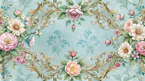 Delicate florals in pastel hues adorn a ornate border, featuring intricate curves and subtle textures, evoking a sense of vintage elegance and sophistication.