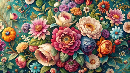 Wallpaper Mural Delicate flowers bloom in vibrant colors amidst whimsical illustrations, swirling patterns, and ornate typography, creating a stunning print art piece with a romantic, vintage flair. Torontodigital.ca