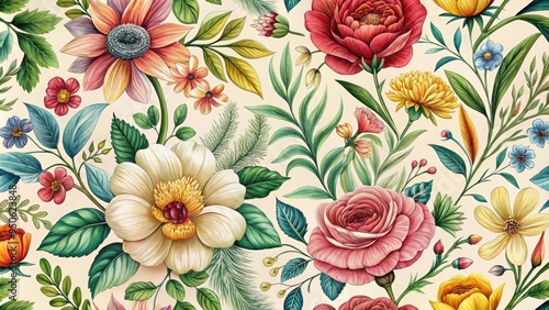 Wallpaper Mural Delicate, hand-drawn botanical illustrations of colorful flowers, leaves, and vines adorn a cream-colored background, blending traditional artistry with modern graphic design elements. Torontodigital.ca
