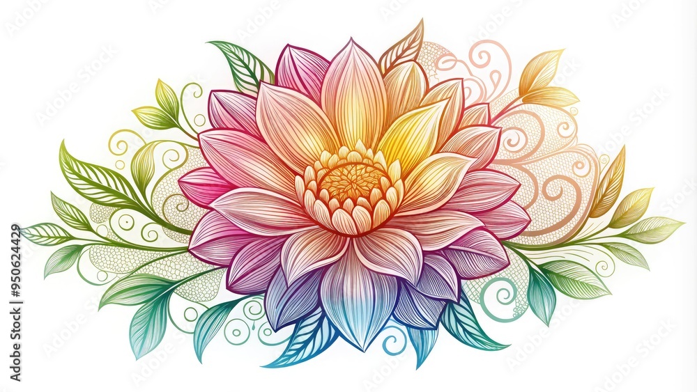 Delicate, hand-drawn vector illustration of a blooming flower in vibrant colors with intricate sketch-like details, perfect for adding a touch of elegance to designs. Delicate, hand-drawn vector illustration of a blooming flower in vibrant colors with intricate sketch-like details, perfect for adding a touch of elegance to designs.