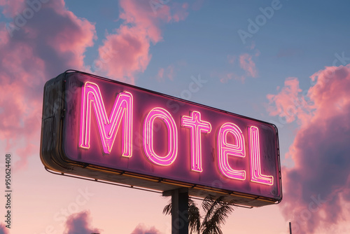 Neon pink motel sign illuminated against a beautiful pastel twilight sky, capturing the essence of roadside allure and charm intertwined with nostalgic feelings and bold aesthetics.