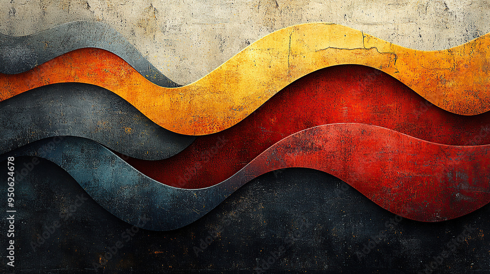 Abstract grunge background with wavy lines in blue, red and yellow on a textured concrete wall. Abstract grunge background with wavy lines in blue, red and yellow on a textured concrete wall.