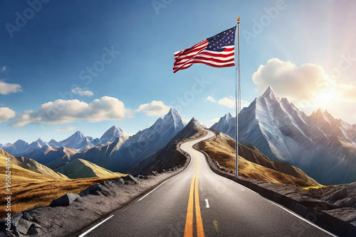 American flag on the road in the mountains. 3D rendering.