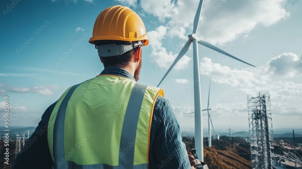 Renewable Energy Engineer Inspecting Wind Turbine on Scenic Hilltop Renewable Energy Engineer Inspecting Wind Turbine on Scenic Hilltop