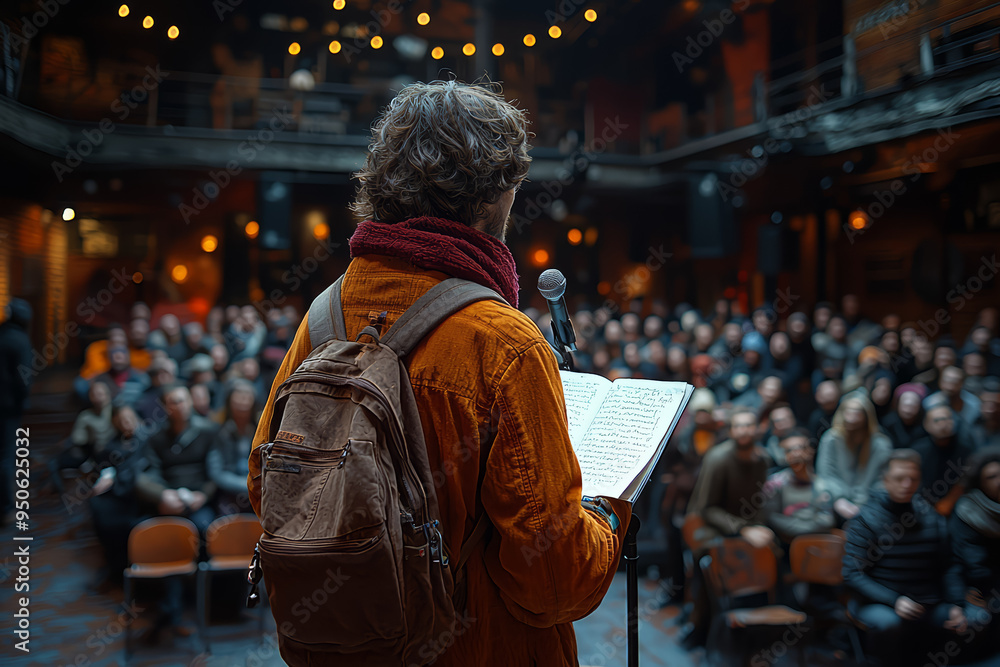 A poet reciting their work to an enraptured audience, feeling the power of words. Concept of literary passion and emotional resonance. Generative Ai. A poet reciting their work to an enraptured audience, feeling the power of words. Concept of literary passion and emotional resonance. Generative Ai.