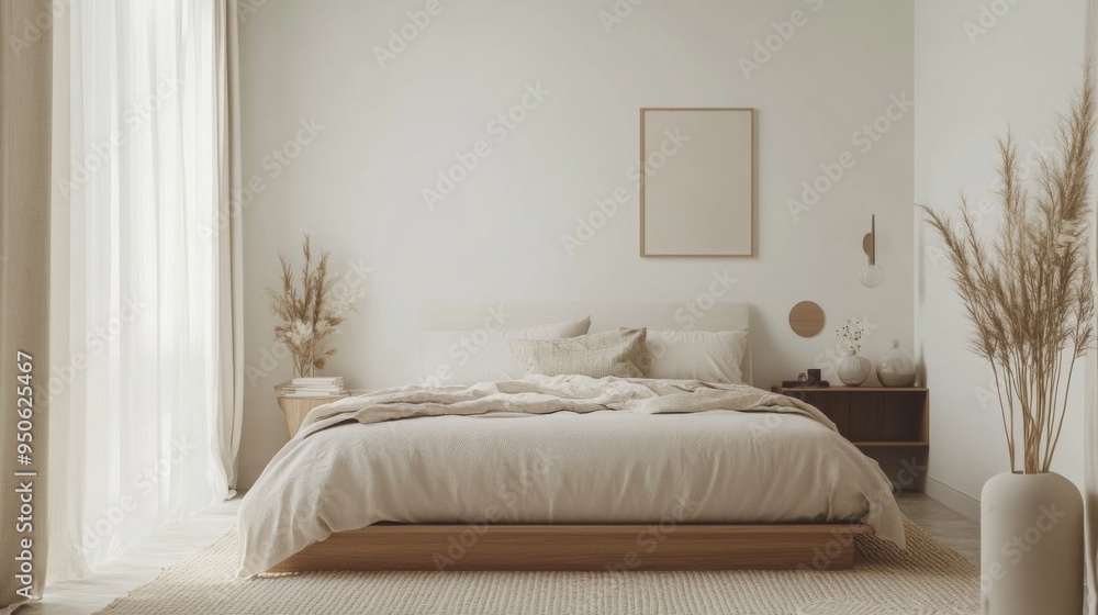 A serene minimalist bedroom featuring a low bed frame, soft neutral bedding, and a few simple decor items, with a focus on a calm and uncluttered aesthetic. A serene minimalist bedroom featuring a low bed frame, soft neutral bedding, and a few simple decor items, with a focus on a calm and uncluttered aesthetic.