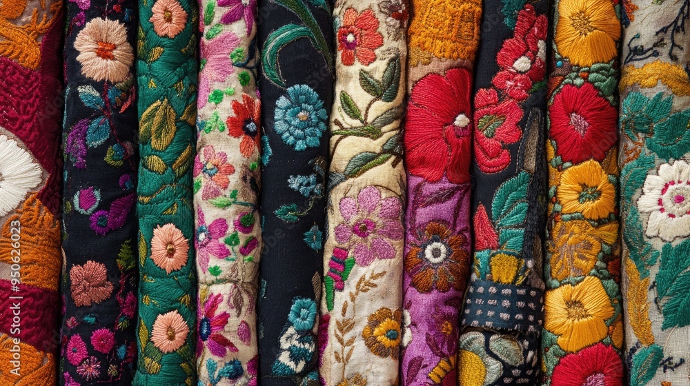 A close-up of embroidered fabrics from various regions, representing the global art of textile decoration. A close-up of embroidered fabrics from various regions, representing the global art of textile decoration.