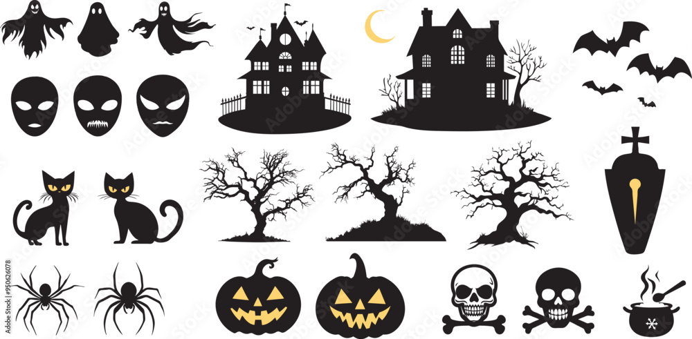 Halloween silhouettes character Bat, Pumpkin, Moon, Ghost or Cats. Vector illustration. Isolated on white background Halloween silhouettes character Bat, Pumpkin, Moon, Ghost or Cats. Vector illustration. Isolated on white background