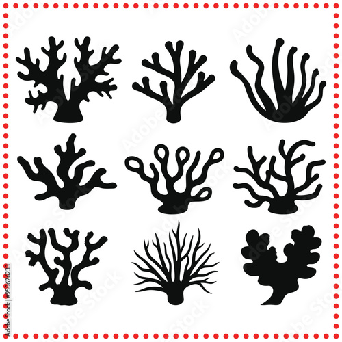 Stylized Vector Silhouettes of Coral Shapes Marine Life Elements for Underwater Designs