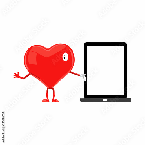 Red Heart Character Mascot with Blank Trade Show LCD Screen Stand as Template for Your Design on a white background. 3d Rendering (16)