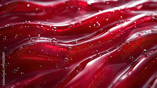 Abstract red liquid with bubbles flowing in waves.